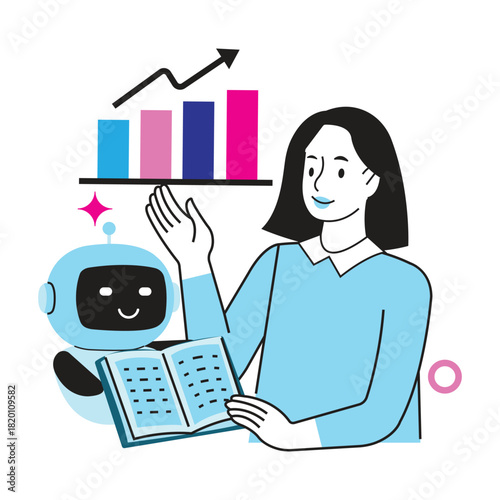LLM training and machine learning vector.Artificial intelligence robot and woman collaborate on business growth and data analysis learning illustration. 
