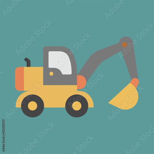 The illustration presents a yellow backhoe on a teal background, composed of simple shapes in a flat, stylized design.