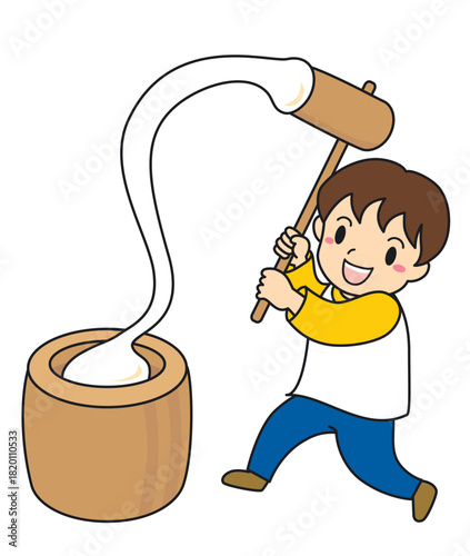 伸びるお餅の餅をつく男の子のイラスト