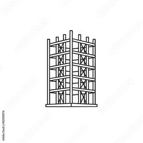 An architectural outline showcases a scaffolding structure, depicted in a minimalist black and white line art style on a white background.
