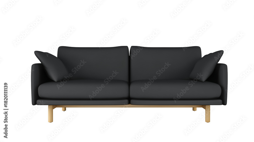 Fototapeta premium Modern minimalist sofa with dark gray upholstery and wooden legs on transparent background
