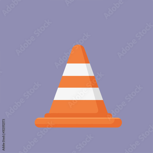 A traffic cone with white stripes is centered on a square lilac background, simple and flat design, useful for road safety or caution visuals.