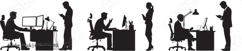 Silhouettes of people working at desks and using phones in an office setting