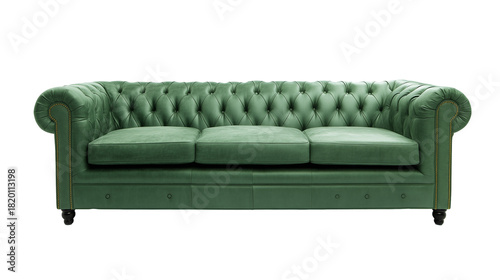 Chesterfield-style sofa with rich green leather and turned wooden legs on transparent background