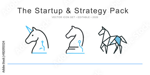 Startup and Business Strategy Horse Icons. Vector Line Art of Unicorn, Chess Knight, and Geometric Origami Animal. Innovation Symbol Set