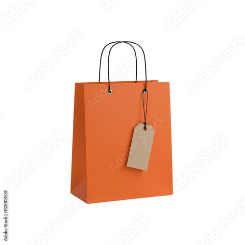 Contemporary orange shopping bag with tag isolated on dark background illustration