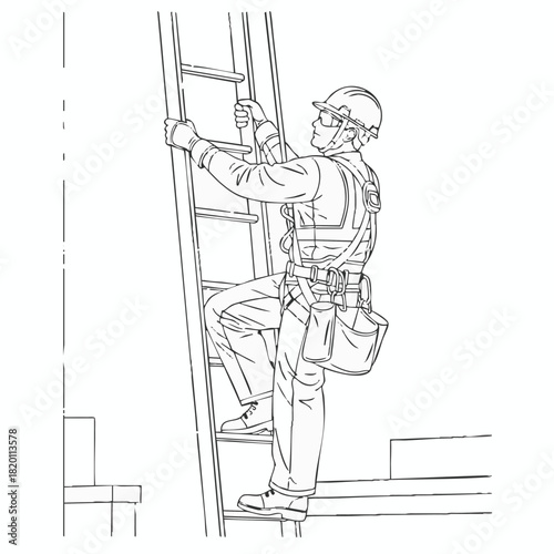 A construction worker wearing safety gear ascends a ladder, illustrating workplace safety and occupational hazards in an industrial setting.