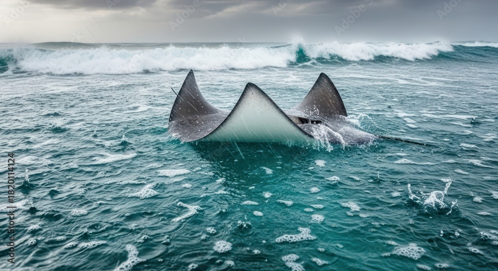 Fototapeta premium Submerged sea creature interacting with coastal waves on a stormy day ocean habitat