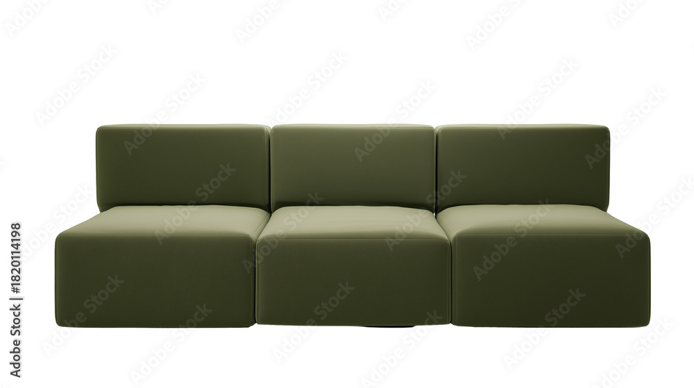 Fototapeta premium Modern green sofa with rectangular cushions on transparent background
