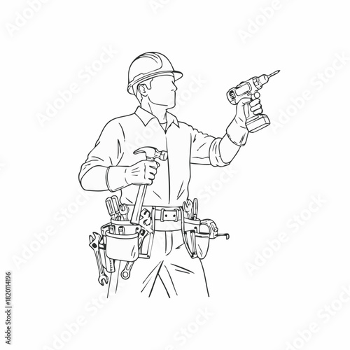 A construction worker wearing a hard hat and tool belt holds a drill and hammer, ready for building or repair tasks.