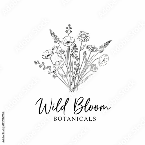 Elegant Wild Bloom Botanicals Logo with Delicate Floral Illustration.