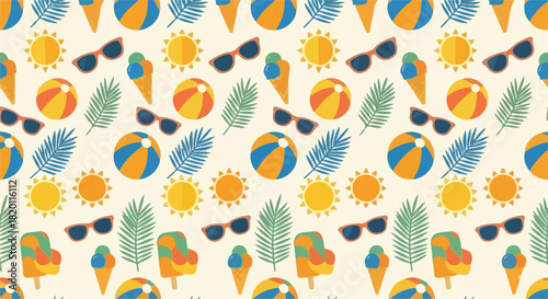 A seamless pattern with summery icons such as sun, ball, palm leaves, sunglasses and ice-cream on a beige background, which evokes a playful, joyful summer mood.