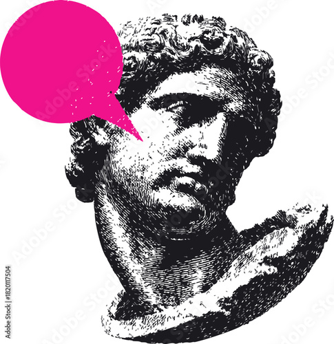 Classical sculpture bust sketch with pink speech bubble, hand drawn vector illustration . Vector illustration