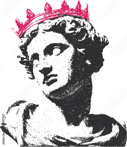 Classical sculpture bust with pink crown, sketch hand drawn pop art style. Vector illustration