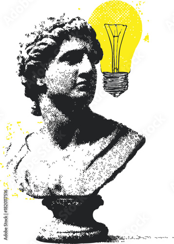 Classical bust sketch with yellow light bulb symbolizing idea and creativity. Vector illustration