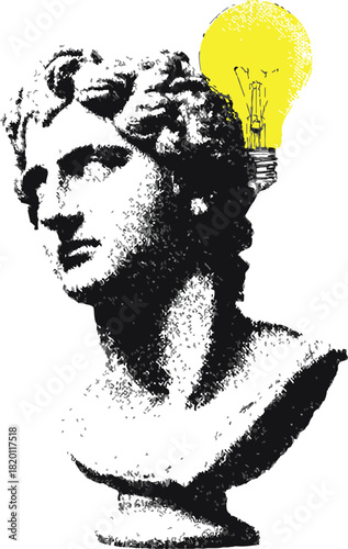 Classical sculpture bust sketch with yellow light bulb above head, creative concept. Vector illustration