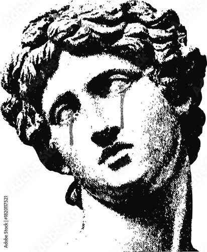 Classical sculpture head sketch, hand drawn style, crying expression with tears. Vector illustration