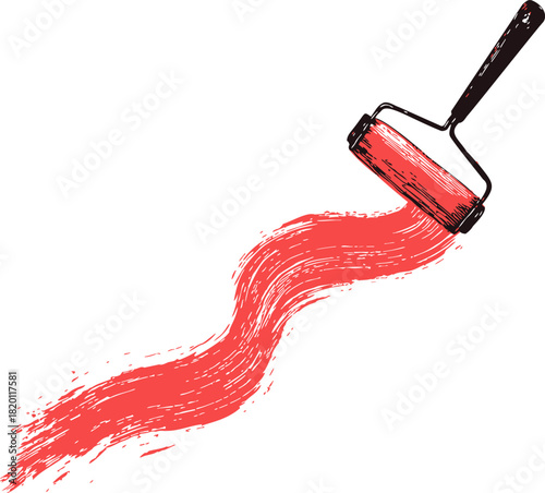 Paint roller sketch hand drawn with red paint stroke on white background. Vector illustration