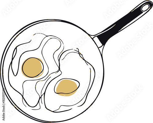 Fried eggs sketch hand drawn in frying pan, simple breakfast food art. Vector illustration