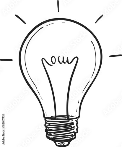 Light bulb sketch hand drawn with glowing lines and filament detail. Vector illustration