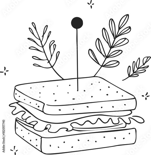 Sandwich sketch hand drawn with leafy garnish and toothpick. Vector illustration