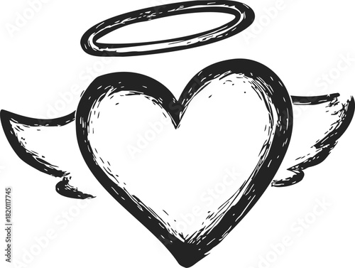 Heart with wings and halo, sketch hand drawn style, black and white. Vector illustration