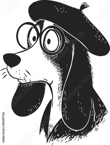 Dog wearing beret and glasses sketch, hand drawn cartoon portrait. Vector illustration