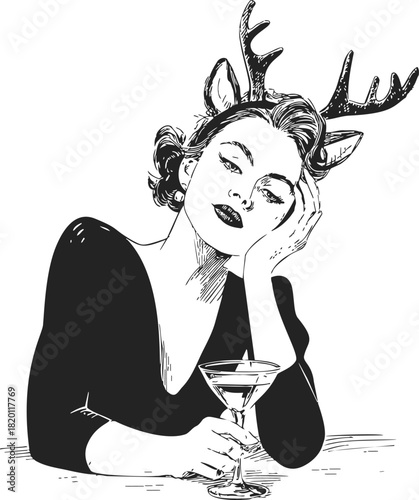 Woman with antlers sketch, hand drawn style, sitting with cocktail glass, thoughtful expression. Vector illustration