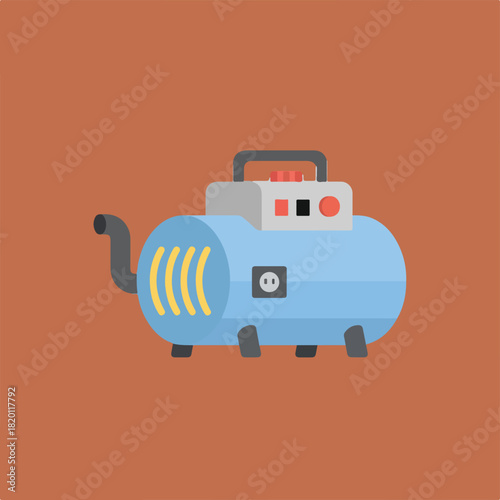 A blue air compressor is shown on a brown background, with a gray top and handle, yellow stripes on the left side, and a power outlet on the right side.