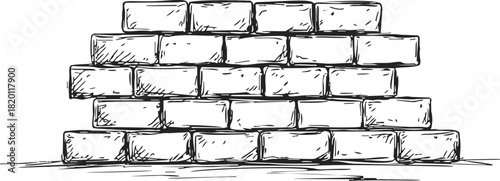 Brick wall sketch, hand drawn style, simple stacked bricks with rough lines. Vector illustration
