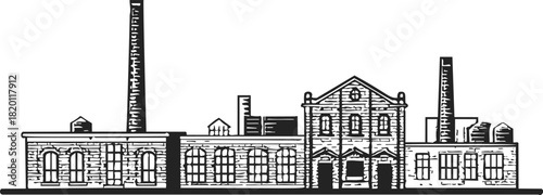 Factory building sketch, hand drawn industrial architecture with chimneys and windows. Vector illustration