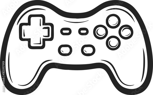 Game controller, hand drawn sketch style with directional pad and buttons. Vector illustration