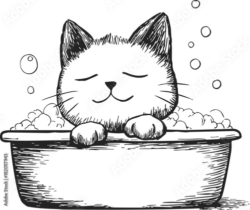 Cat in bathtub sketch, hand drawn style with bubbles and relaxed expression. Vector illustration