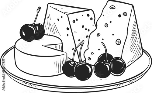 Cheese plate sketch with assorted cheese wedges and cherries, hand drawn style. Vector illustration