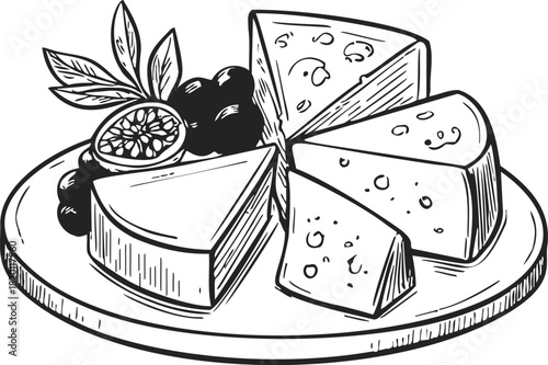 Cheese platter sketch hand drawn with assorted cheese wedges, grapes, fig, and leaves. Vector illustration