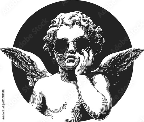 Cherub wearing sunglasses sketch, hand drawn, cool angel with wings in black circle. Vector illustration
