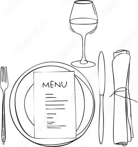 Table setting sketch with menu, wine glass, cutlery, and napkin. Vector illustration