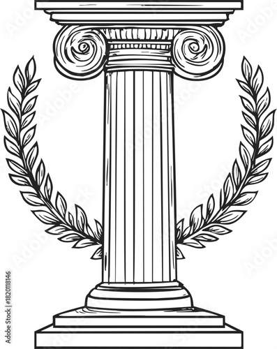 Ionic column sketch with laurel wreath, hand drawn classical architecture. Vector illustration