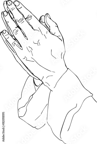 Praying hands sketch, hand drawn line art with detailed fingers and sleeves. Vector illustration