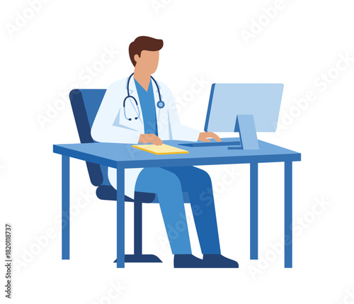 Doctor Working on Laptop in Medical Office Illustration