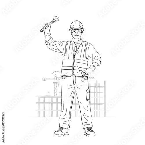 An illustration depicts a construction worker wearing a safety vest and helmet, holding a wrench, symbolizing construction and labor.