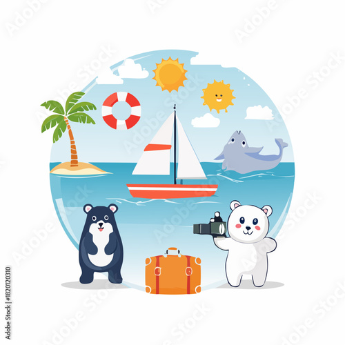 Cheerful Vector Illustration of Cartoon Bears Enjoying a Sunny Summer Beach Vacation with a Sailboat and Dolphin