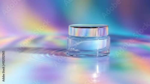 Luxurious clear glass cosmetic cream jar with iridescent lid, set against a vibrant holographic background for beauty product display.