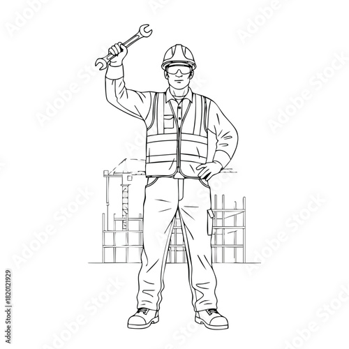 A construction worker in safety gear stands confidently, holding a wrench, with a building site visible in the background, ready for work.