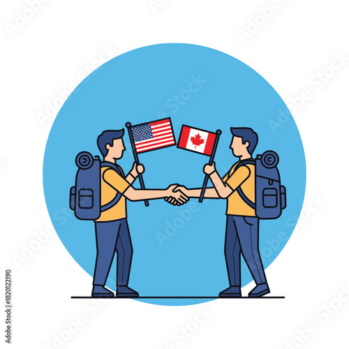 Two people shake hands holding flags representing the United States and Canada.