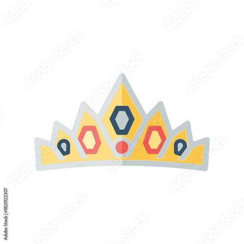 A golden crown with colorful gemstones and a pointed design.