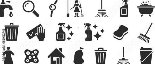Cleaning and household chore icon set — black vector symbols for sanitation, home care, maintenance, organization, and service-related user interface design.