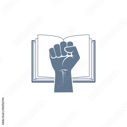A clenched fist is superimposed over an open book representing knowledge and power.