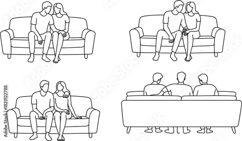Couple sitting on couch line art set — affectionate poses in black and white for relationship, lifestyle, emotional connection, and artistic reference.