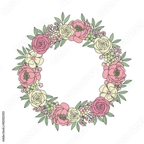 A floral wreath displays pink and white flowers with green leaves arranged in a circle.